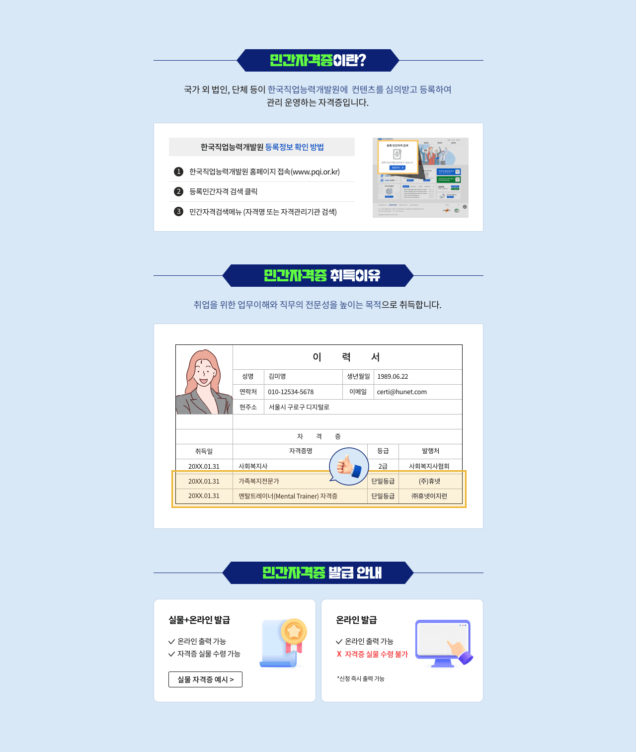 민간자격증이란 국가 외 법은, 단체 등이 한국직업능력개발원에 컨텐츠를 심의받고 등록하여 관리 운영하는 자격증입니다. 한국직업능력개발원 홈페이지(www.pqi.or.kr)에서 등록민간자격 검색 클릭 후 민간자격검색메뉴를 통해 등록정보 확인 가능합니다. 민간자격증을 취득하는 이유는 취업을 위한 업무이해와 직무의 전문성을 높이는 목적으로 취득합니다. 민간자격증 발급 방법은 실물+온라인발급 - 온라인 출력가능, 자격증 실물 수령가능, 온라인발급 - 온라인 출력가능, 자격증 실물 수령 불가 *신청 즉시 출력가능