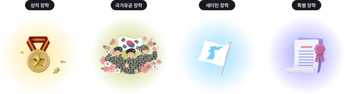 성적 장학, 국가유공 장학, 새터민 장학, 특별 장학