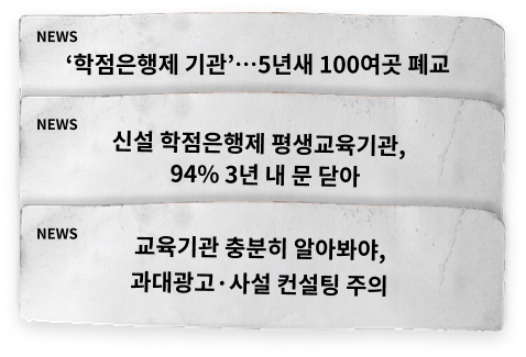 NEWS '학점은행제 기관' 5년새 100여곳 폐교, 신설 학점은행제 평생교육기관, 94% 3년 내 문 닫아, 교육기관 충분히 알아봐야, 과대광고·사설 컨설팅 주의