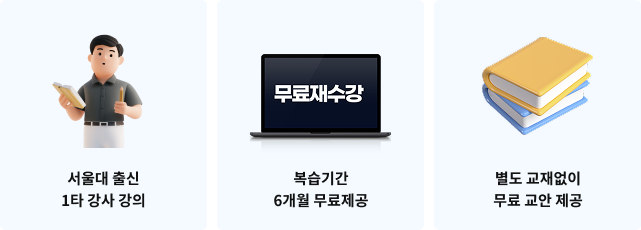 서울대 출신 1타 강사 강의, 복습기간 6개월 무료제공, 별도 교재없이 무료 교안 제공