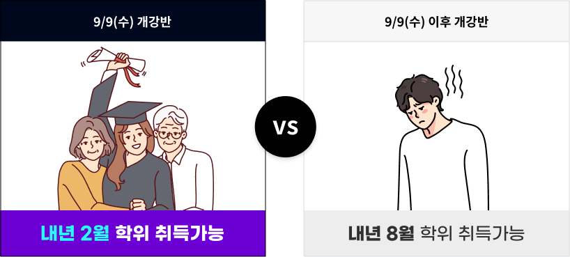 9/9(수) 개강반 내년 2월 학위 취득가능 VS 9/9(수) 이후 개강반 내년 8월 학위 취득가능