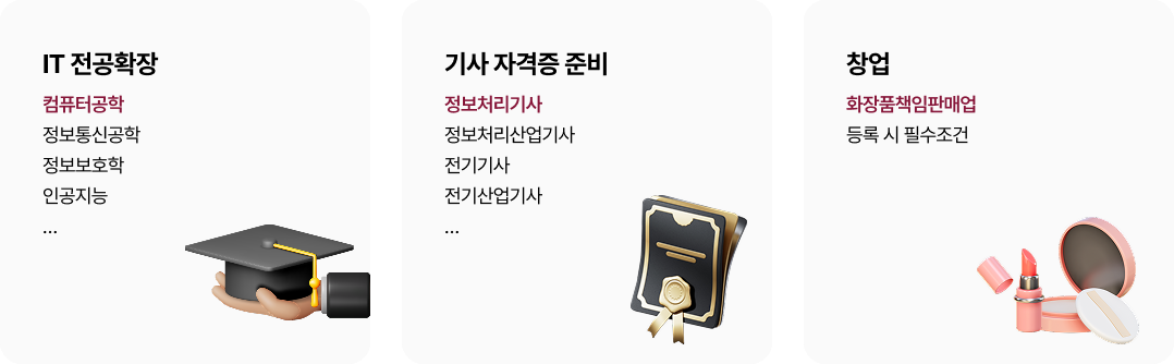 IT 전공 확장 : 컴퓨터공학, 정보통신공학, 정보보호학, 인공지능, ... 기사 자격증 준비 : 정보처리기사, 정보처리산업기사, 전기기사, 전기산업기사, ... 창업 : 화장품책임판매업, 등록 시 필수조건